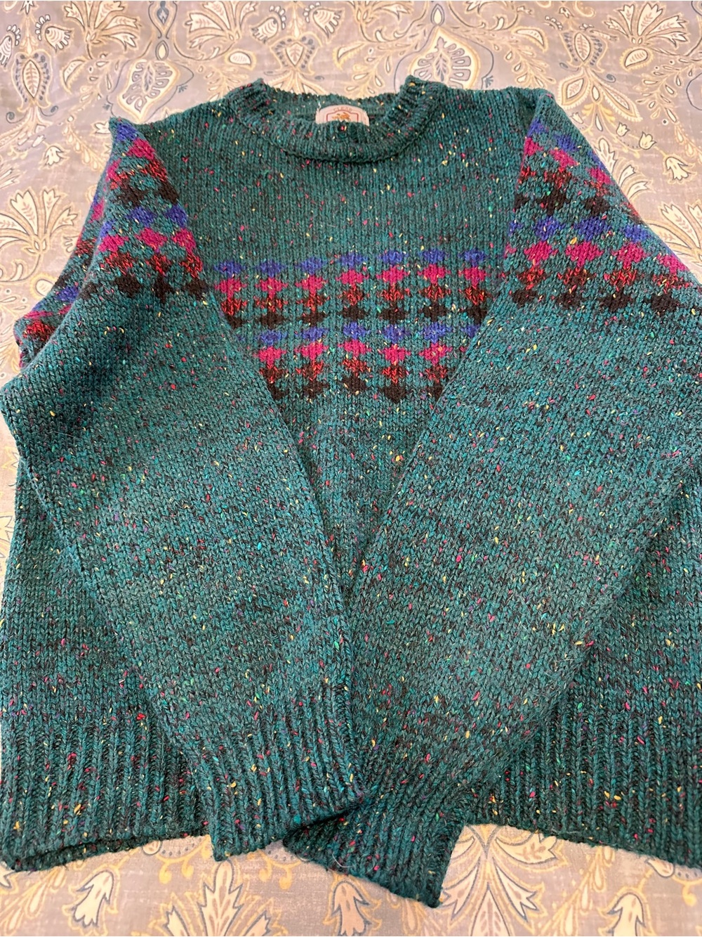 VTG Clear Creek Fair Isle Sweater Mens L Green Tweed Knit Wool Acrylic Crewneck